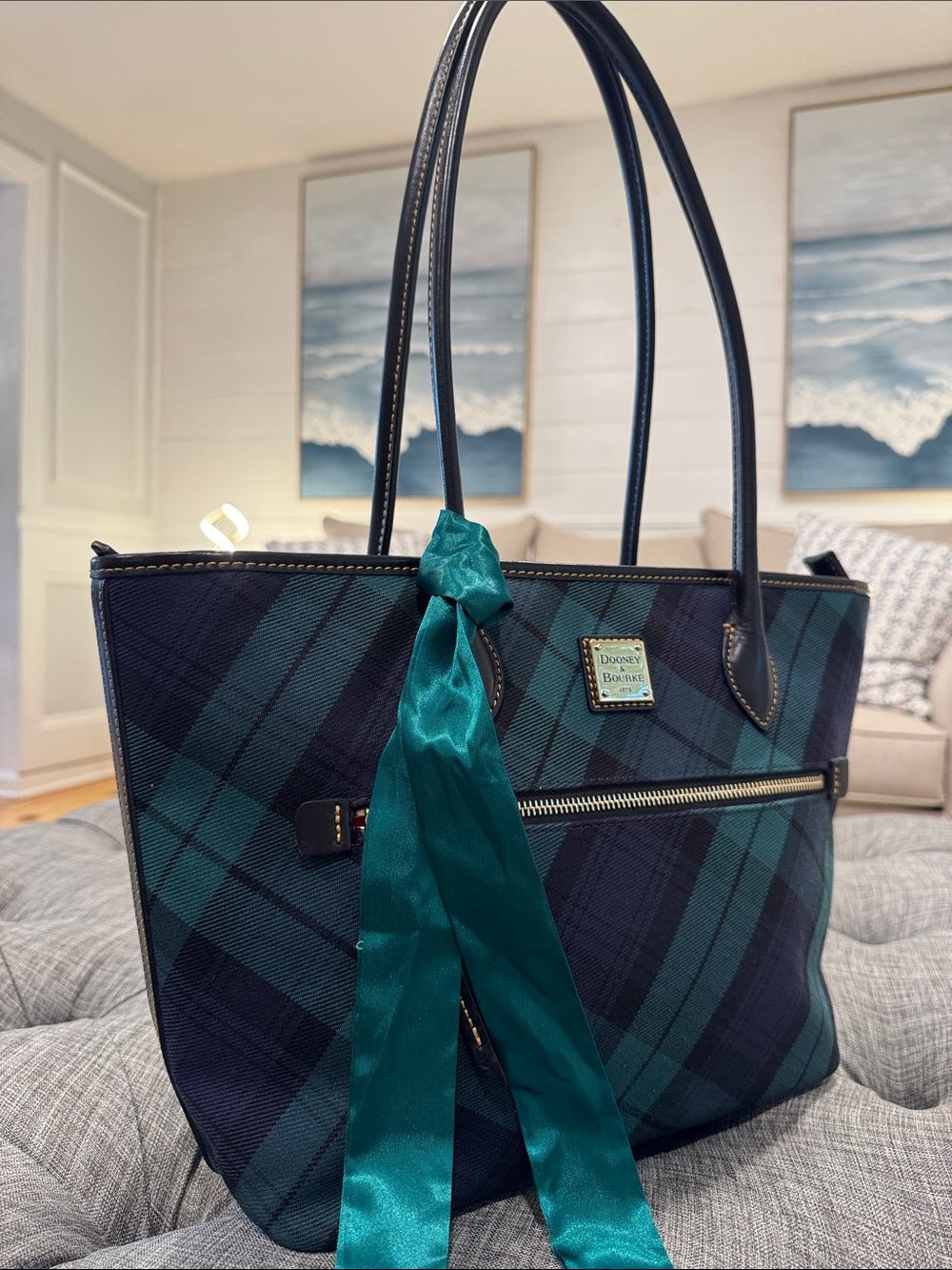 Dooney & Bourke Bag Plaid Tartan Green and Navy Tote Bag - Picture 3 of 17